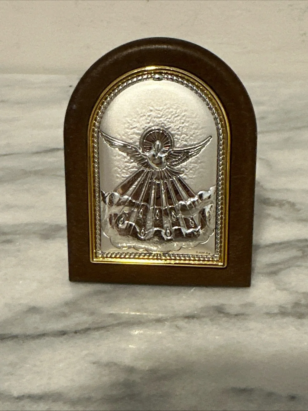 Holy Spirit sterling Silver Dove Arch Plaque in Brown Frame Italy